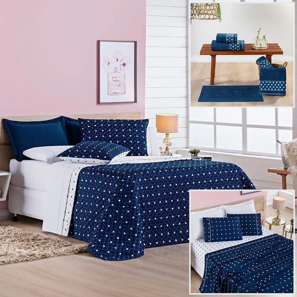 Kit Cobre Leito Jogo de Cama Banho Petit Poá Casal 12 Peças 100% Poliéster Micro Percal Marinho Bia