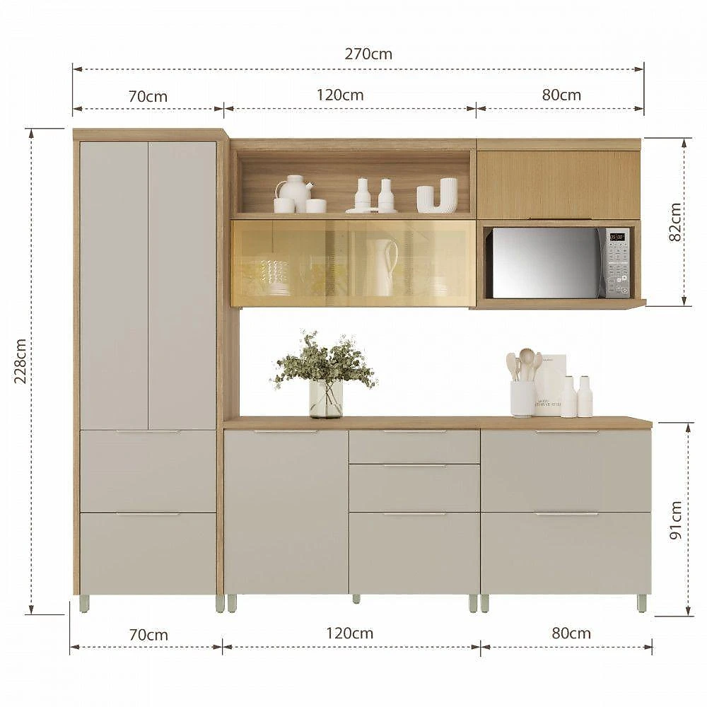 Cozinha Marquesa 5 Peças 6 Portas 6 Gavetas MDF 270CM Nature e Greige Nesher Móveis
