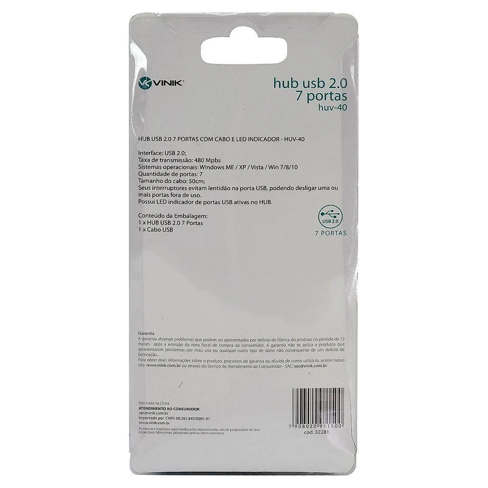 Hub USB HUV-40 7 Portas USB 2.0 com LED Indicador Preto Vinik