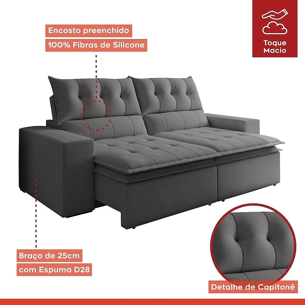 Sofá Retrátil e Reclinável 4 Lugares Pillowtop Duplo Paris Sofá Retrátil e Reclinável 4 Lugares Pillowtop Duplo M118 Veludo/Cinza