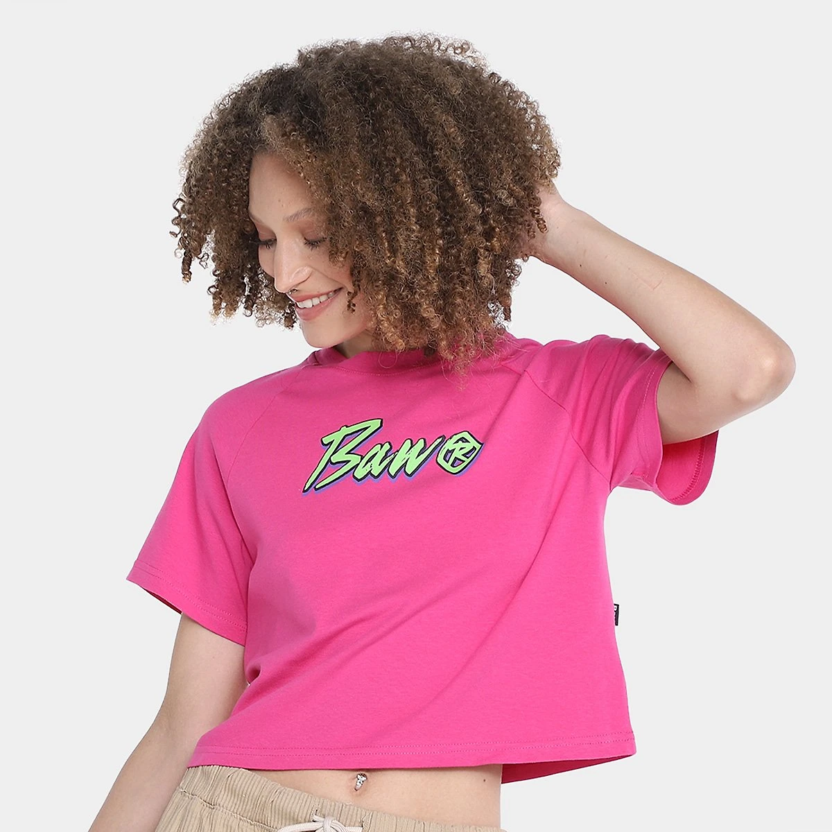 Miniatura Camiseta Cropped Baw Clothing Raglan Italic Feminina Rosa - G