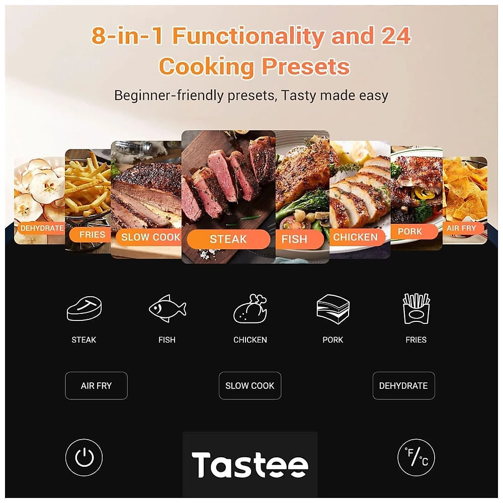 Fritadeira Elétrica Cerâmica Tastee, 8 em 1 5,2L, Desidratador 232°C com Sonda Inteligente, 24 Receitas, App com Receitas