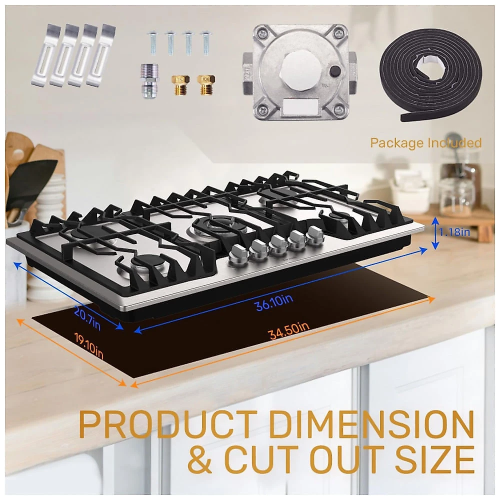 Cooktop a gás 92cm TOPWISH inox 5 queimadores SABAF 41800BTU conversível GN/GLP acendimento elétrico 110V