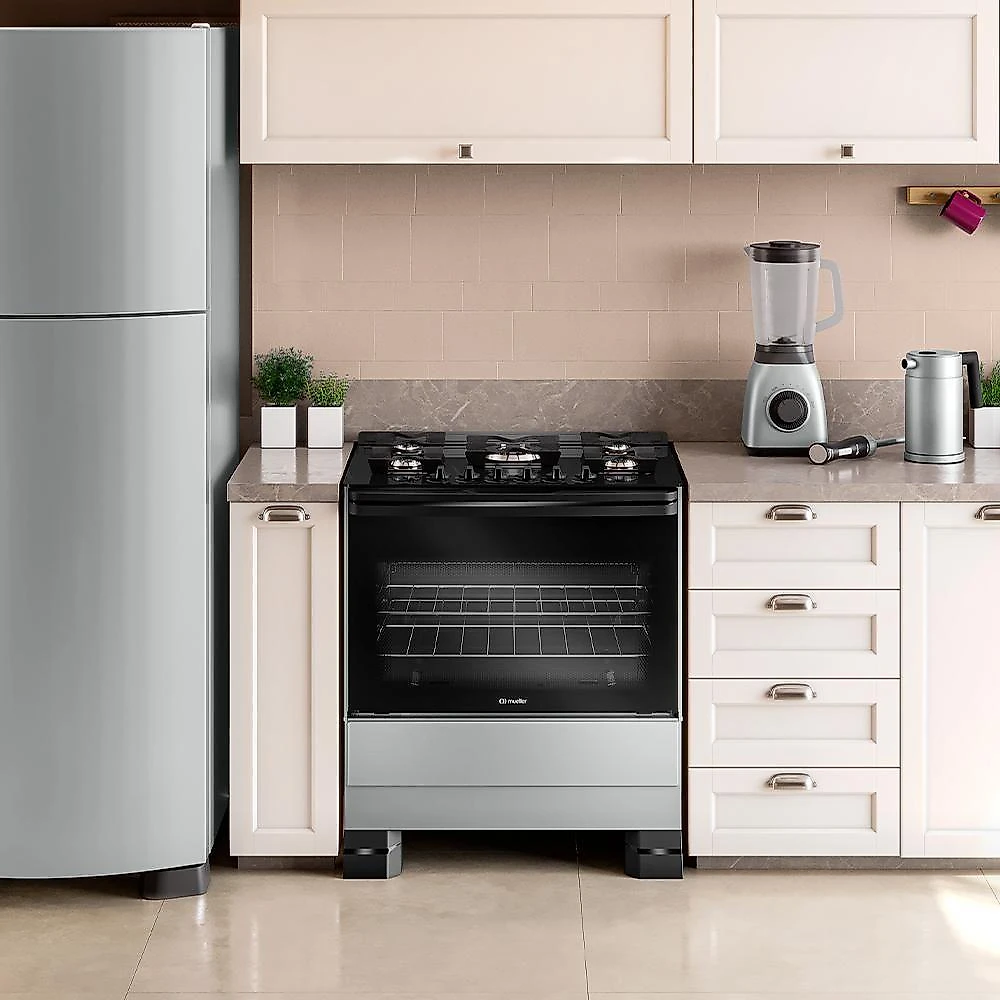 Fogão Mueller 5 Bocas Titânio Com Mesa De Vidro E Tripla Chama MFV5BF Bivolt