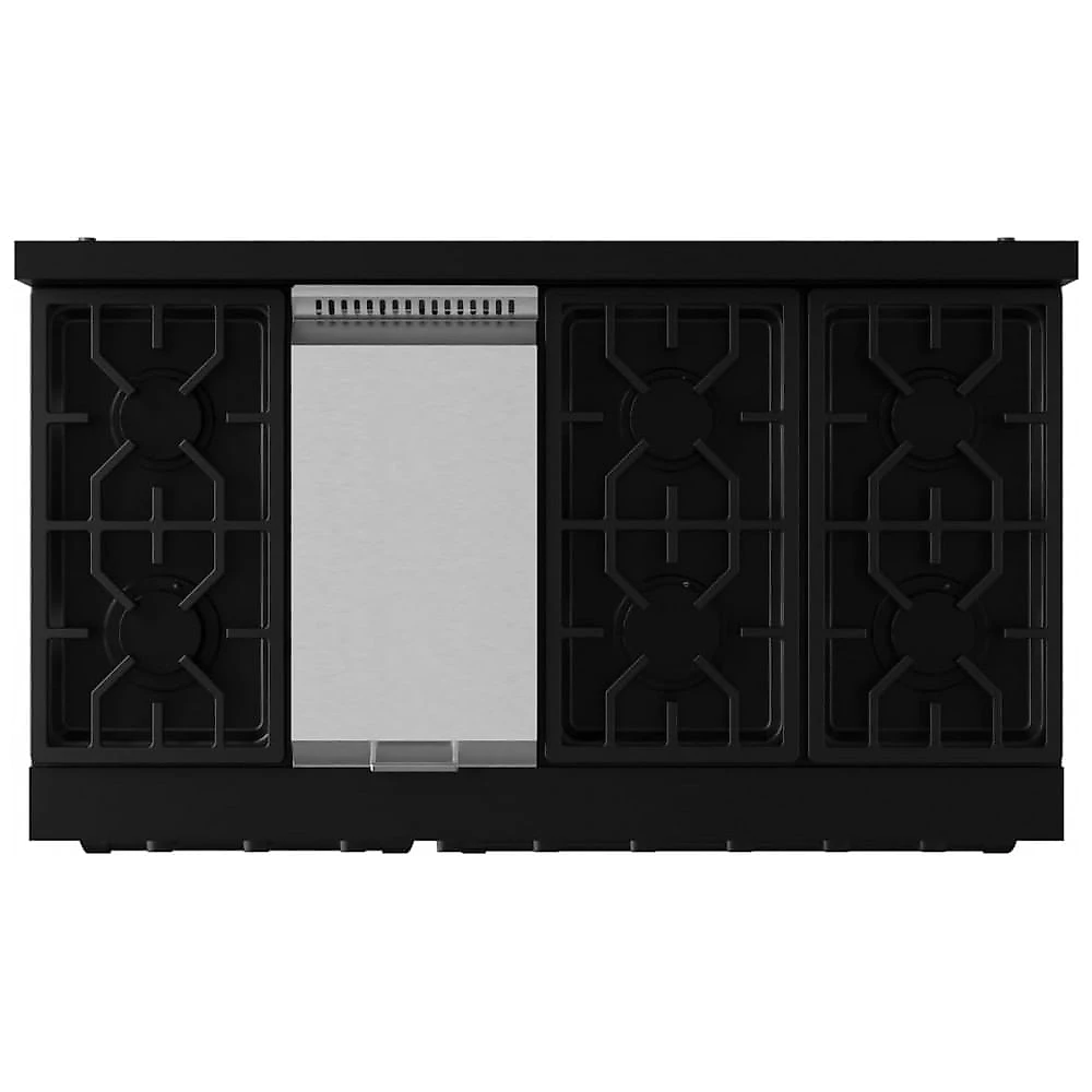Fogão a gás profissional 122 cm Gordon Ramsay THOR Kitchen preto, 7 queimadores, chapa 15.000 BTU, 2 fornos com convecção 198 L e 62 L, 110V