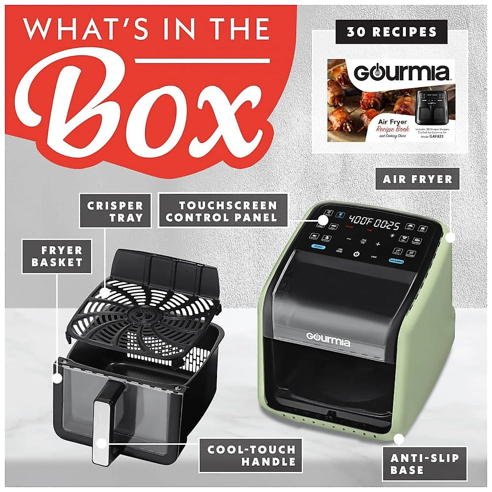 Fritadeira Elétrica Air Fryer Gourmia verde 6,6L Janela Panorâmica 12 Programas FryForce 360 1500W 110V