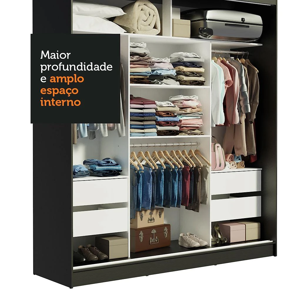 Guarda-Roupa Casal Madesa Reno 3 Portas de Correr com Espelho - Preto/Rustic Preto/Rustic