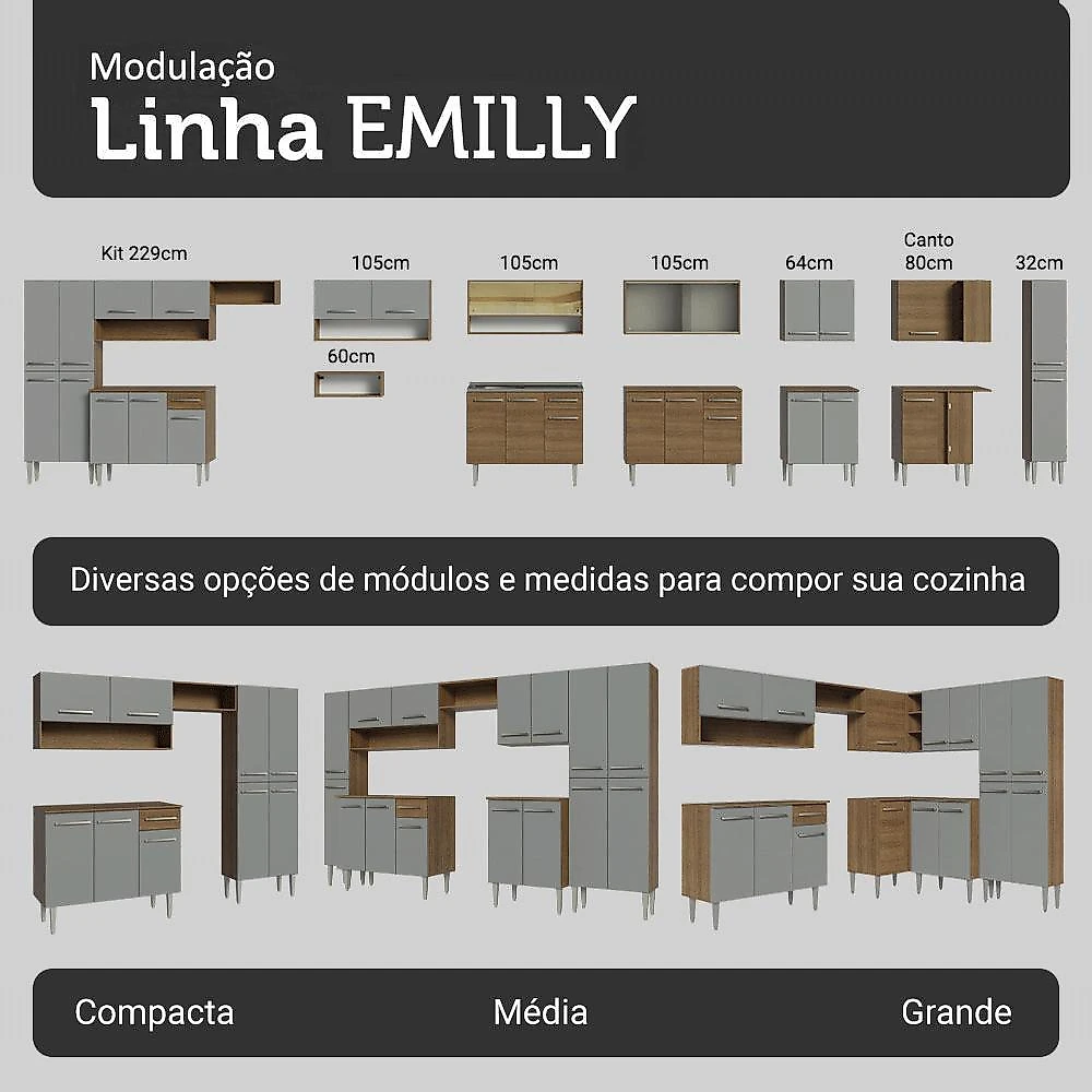 Armário de cozinha completa 197 cm rustic/cinza emilly madesa 02