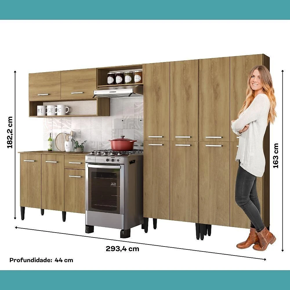 Cozinha Compacta Arizona Fusion One 13 Portas MDP 293CM Carvalho Carraro