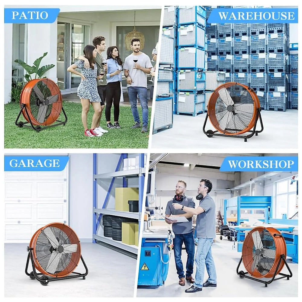 Ventilador Industrial de Tambor LifePlus 61 cm Laranja, Alta Velocidade 8900 CFM, 3 Velocidades, Inclinação Ajustável 360°, Modelo 24 in drum fan