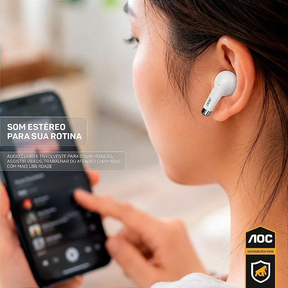 Fone de Ouvido Bluetooth Earbuds Pro V5.4 com Estojo de Recarga e Baixa Latência - Branco - AOC