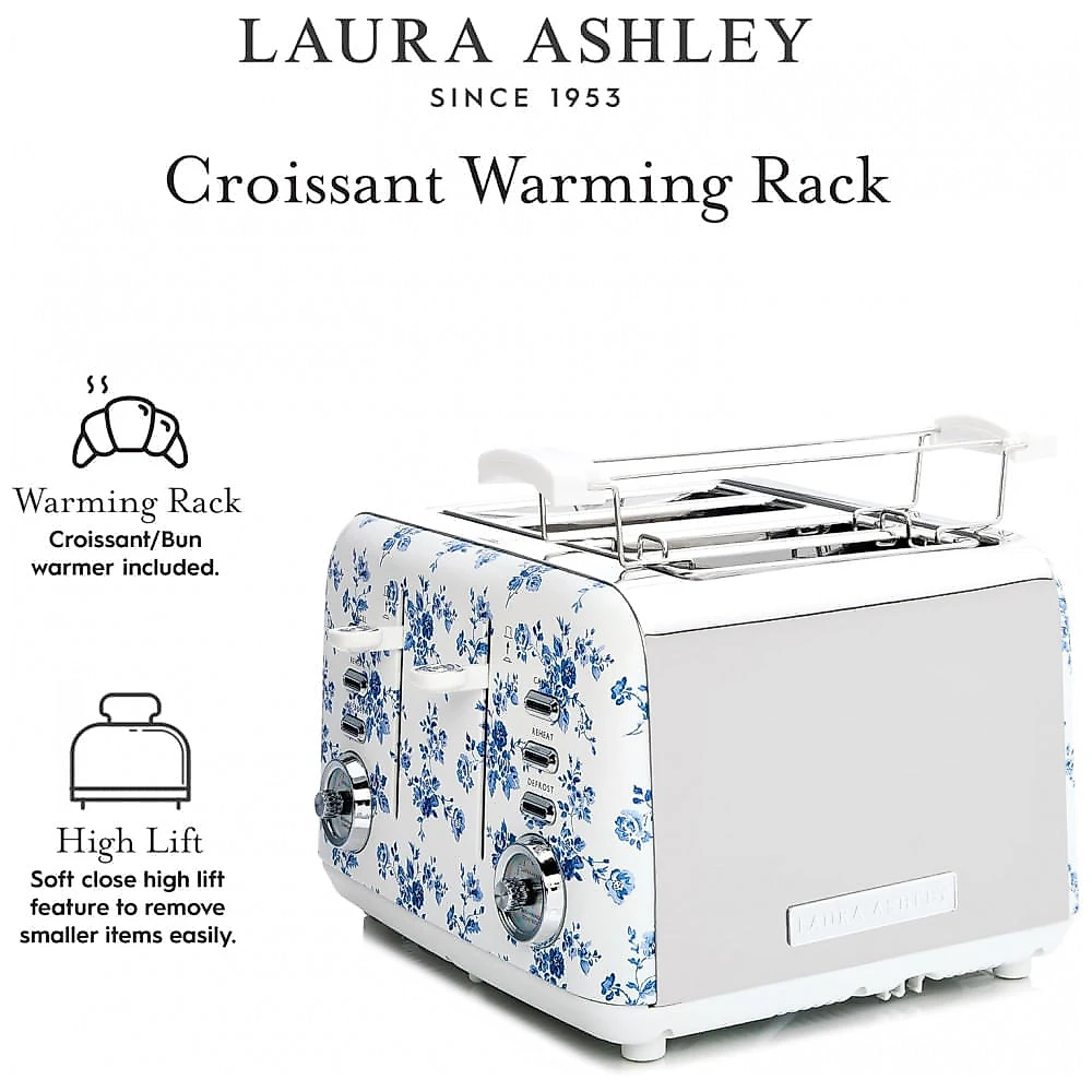 Torradeira 4 Fatias em Aço Inox Laura Ashley Rosa China com estampa floral, Slots Largos, 7 Níveis, Funções Descongelar, Reaquecer