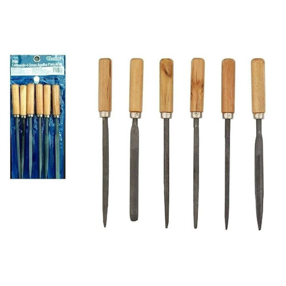 Jogo Lima Agulha Kit 6 Com Cabo Madeira Afiar Triangular Redonda