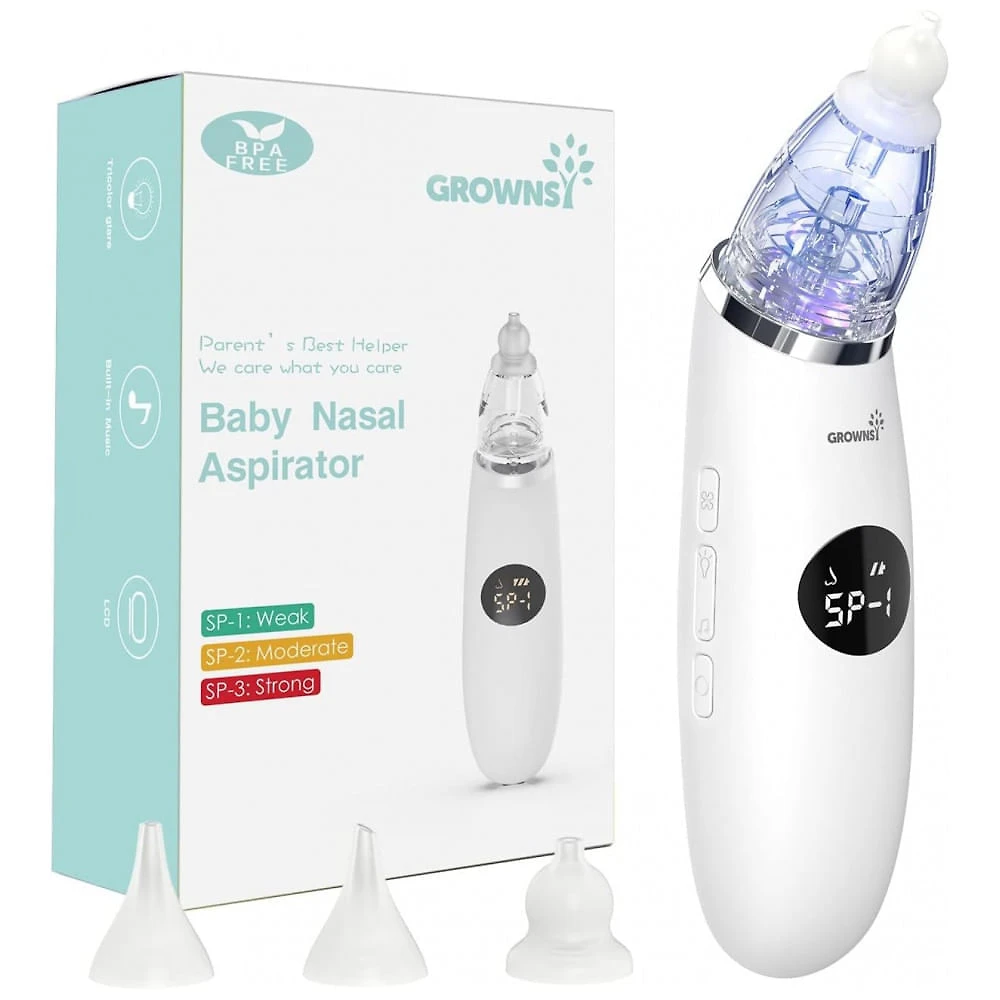 Aspirador Nasal Elétrico para Bebê GROWNSY Recarregável e Automático com Sons Relaxantes, Branco