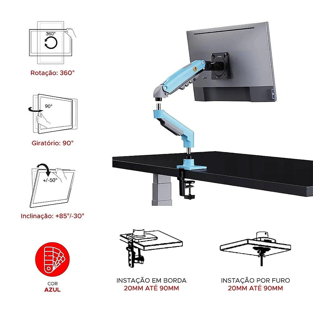 Suporte de Mesa Articulado para Monitor de 17" a 30" North Bayou, Ajustes com Pistão a Gás, Azul - F80-XM NB