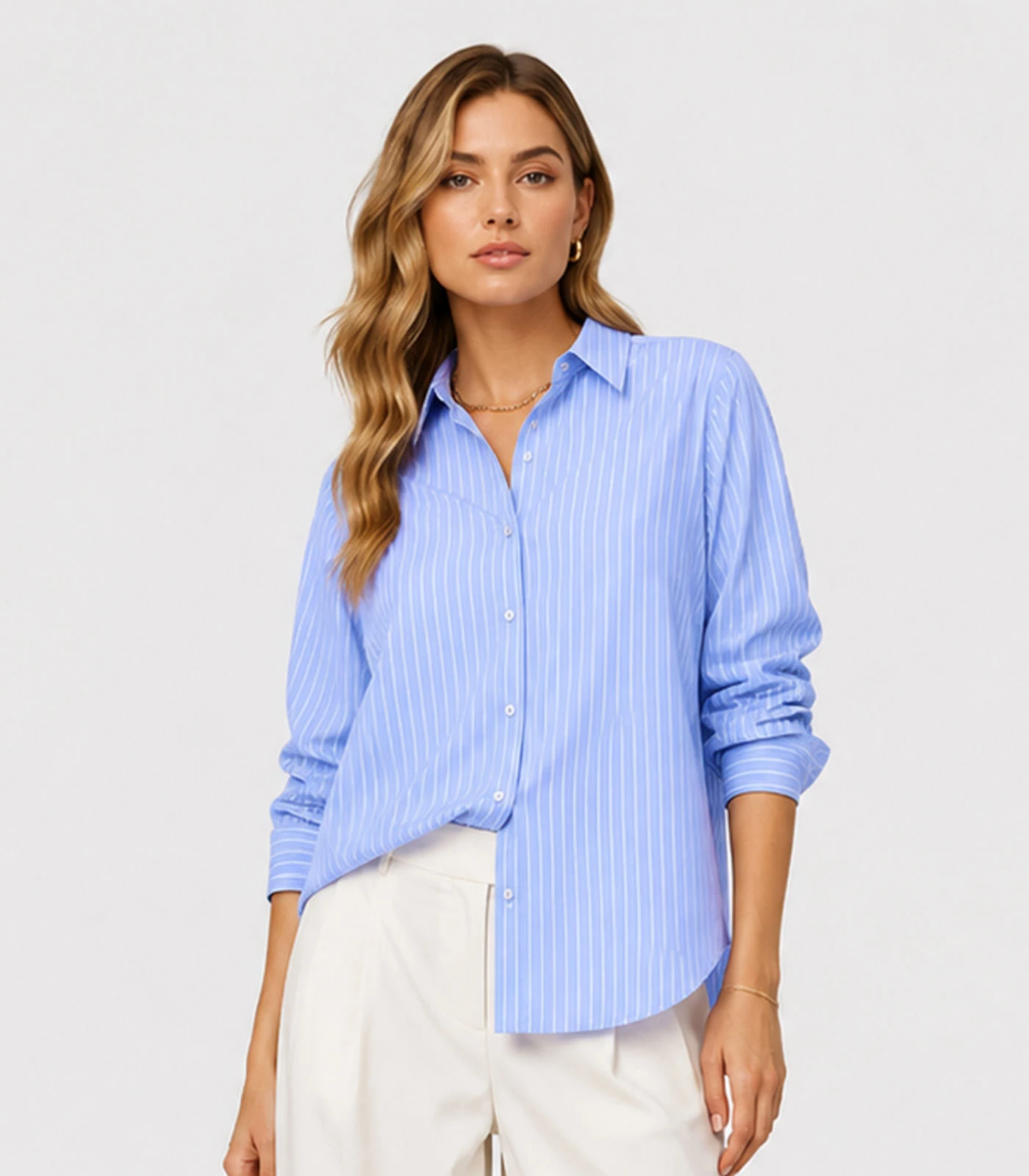 Camisa Oversized Listrada Feminina Style Box Azul
