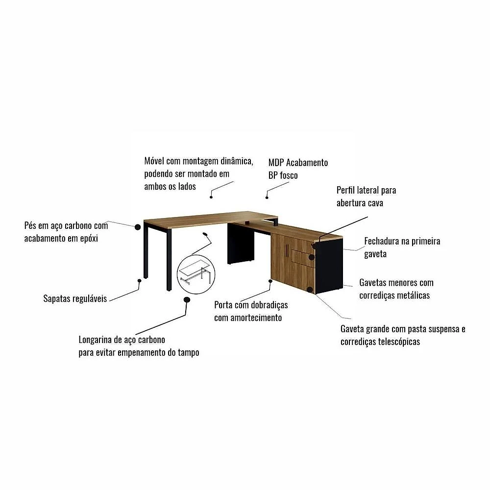 Mesa para Escritório 160cm com Balcão Lateral Porta e 3 Gavetas com Chave Industrial Executive Nogal / Preto