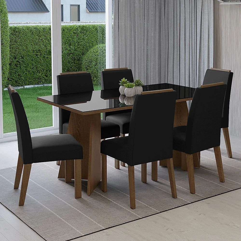 Conjunto sala de jantar tampo de vidro 6 cadeiras madrid madesa rustic/cinza/silver