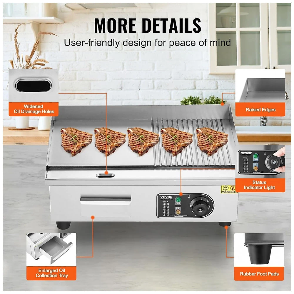 Chapa Elétrica Comercial VEVOR 1600W Superfície Antiaderente 54x30cm 6 Níveis de Temperatura 110V