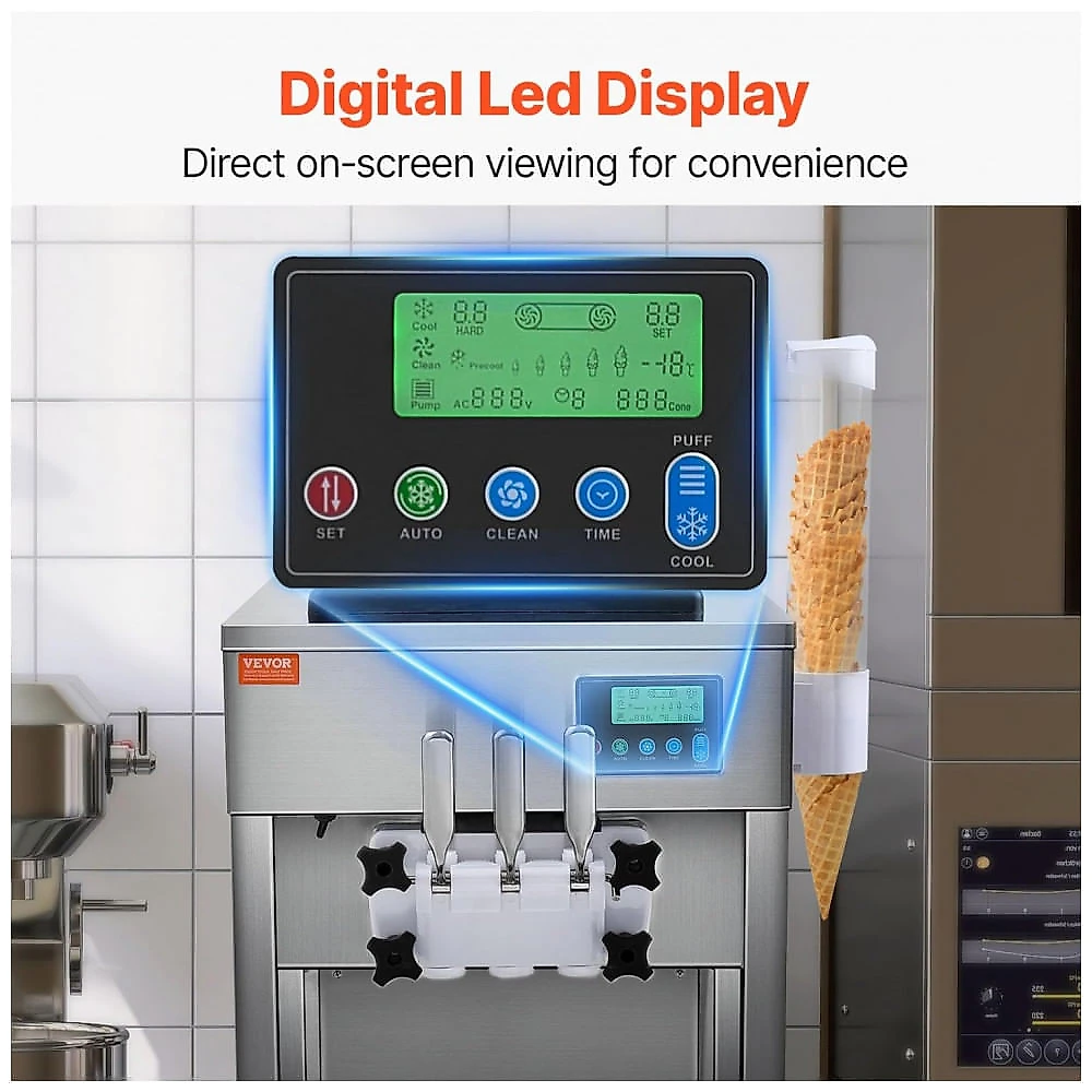 Máquina de Sorvete Soft VEVOR BQL-7220T 3 Sabores 20L/h Painel LCD Auto Limpeza Inox 110V