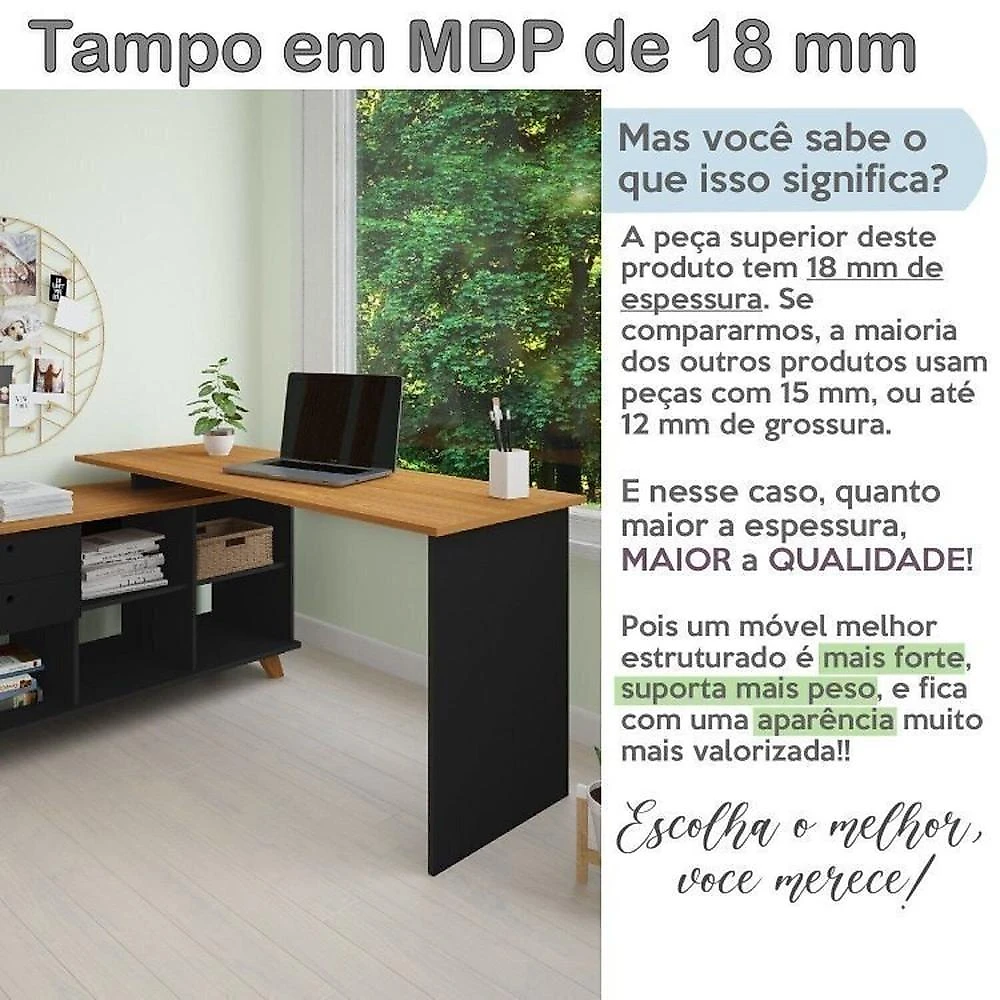 Conjunto 3 Peças 1 Escrivaninha em L Gold 1 Balcão Lugano 1 Gaveteiro Day Espresso Móveis Freijó/Preto