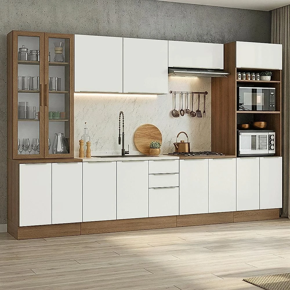 Armário de cozinha completa 340 x 60 cm rustic/branco veludo lux madesa 04