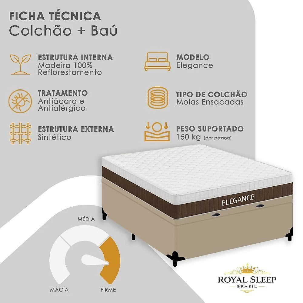 Cama Box com Baú Casal Elegance Euro Pillow Molas Ensacadas Tecido Bege Royal