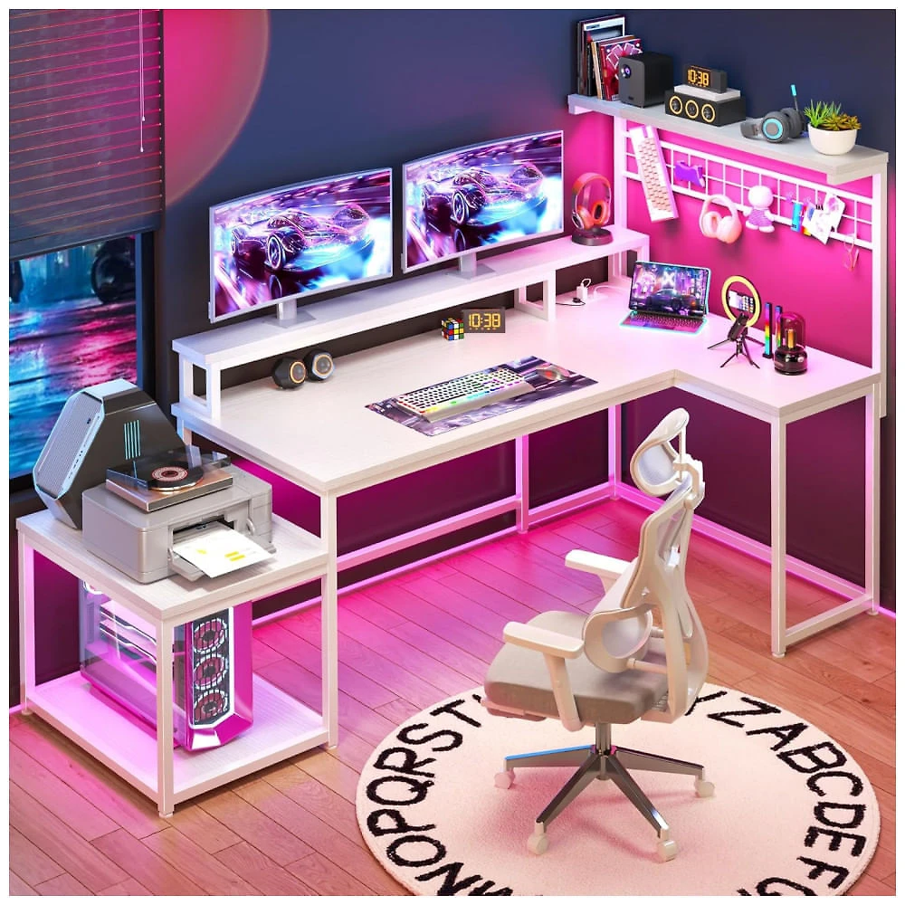 Mesa Gamer em L EnHomee 160 cm com Luzes LED e Tomadas Elétricas, Design Reversível com Prateleiras de Armazenamento e Ganchos, Suporte para Monitor