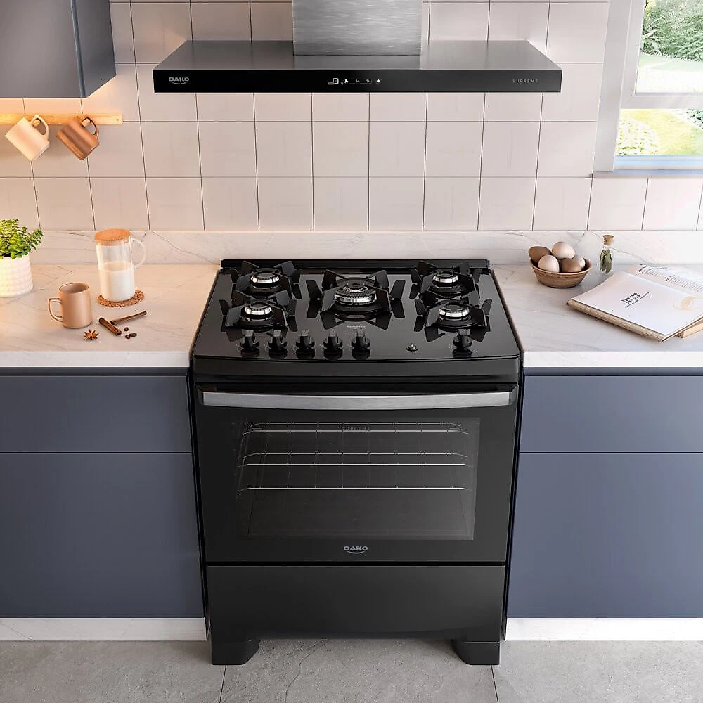 Fogão a Gás 5 Bocas Dako Novo Supreme Glass Mesa de Vidro Tripla Chama Preto - Bivolt