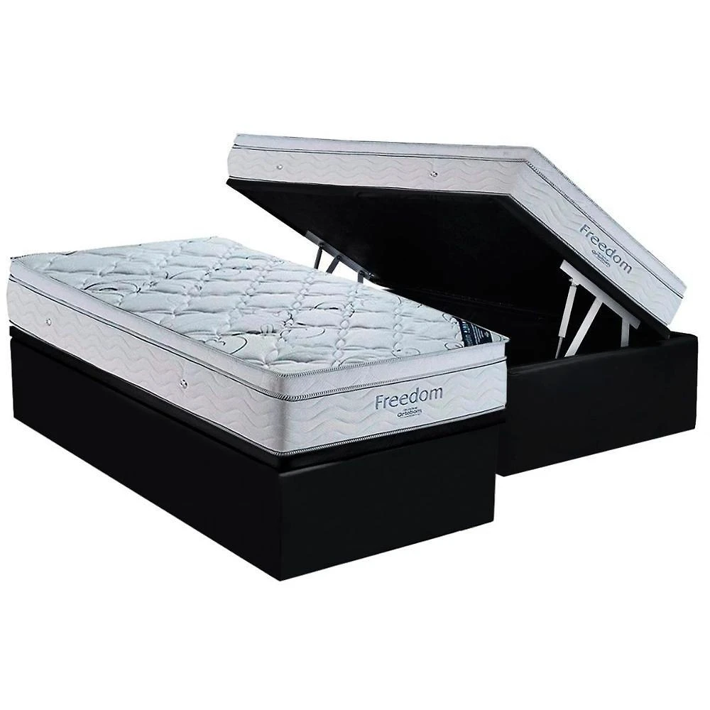 Cama Box Baú Solteiro: Colchão Molas Superpocket Ensacadas Ortobom Freedom Visco + Base Crc Suede Black (88x188)