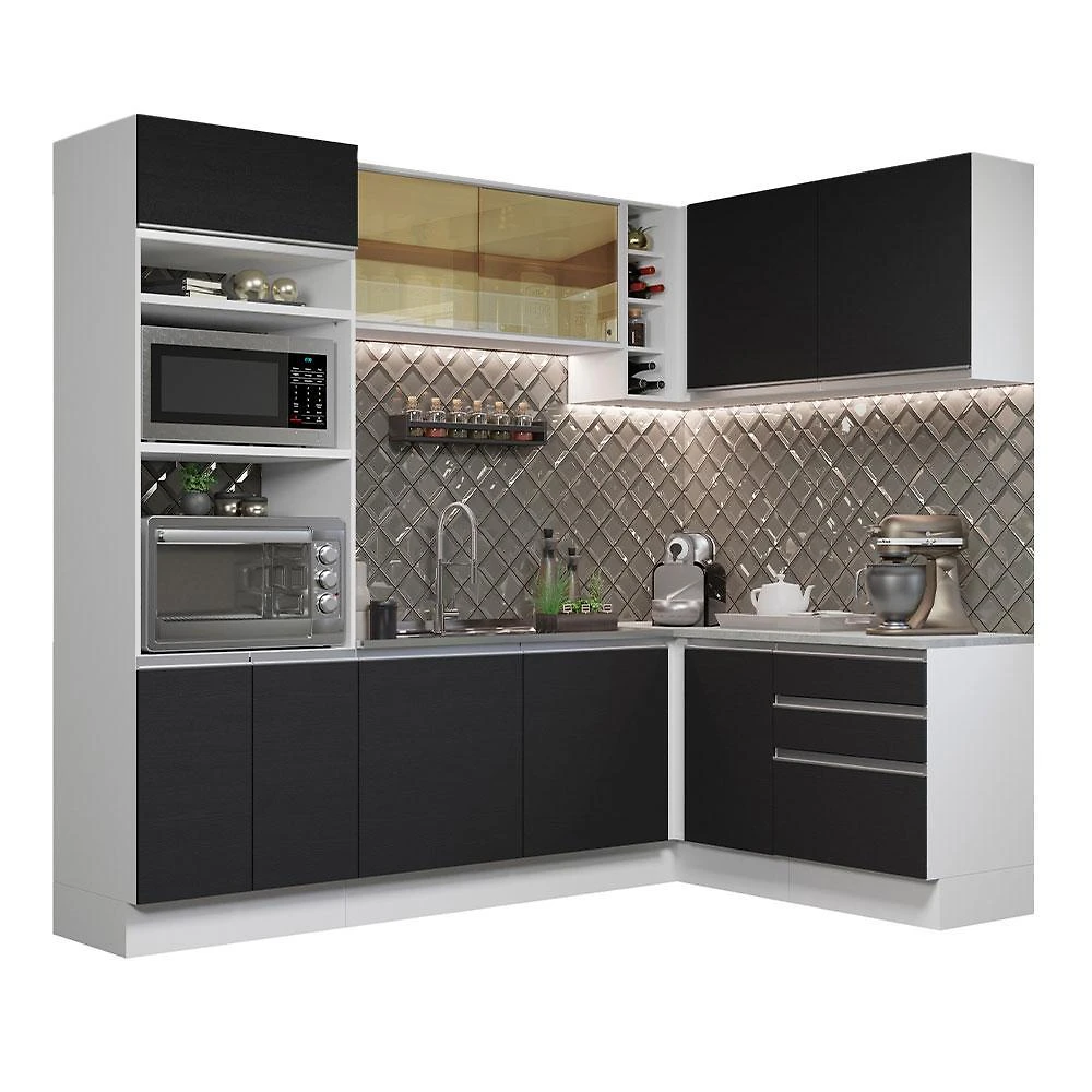 Cozinha completa de canto madesa glamy 399002 com armário e balcão (sem tampo e pia) - branco/preto