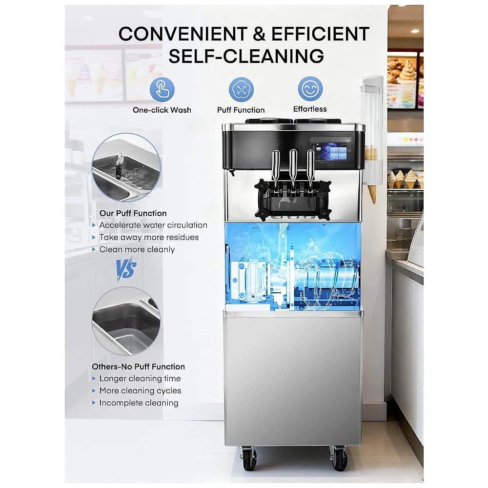 Máquina Comercial de Sorvete FOHERE 3 Sabores 25-32 L/h, Prata, Funil 14 L, Painel LCD Touch, Auto Limpeza, 825B, 2200W