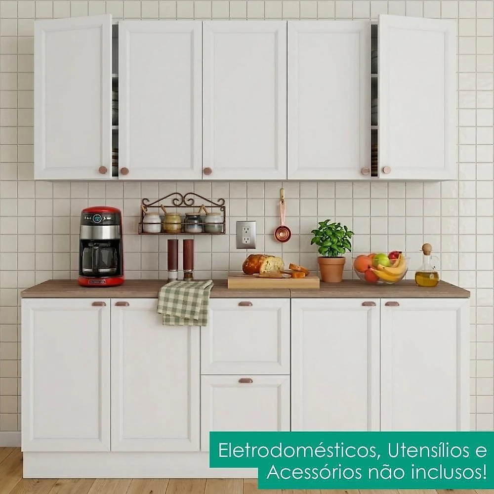Cozinha Modulada Unna J00110P 6 Portas 3 Gavetas 200cm Branco Poliman Móveis