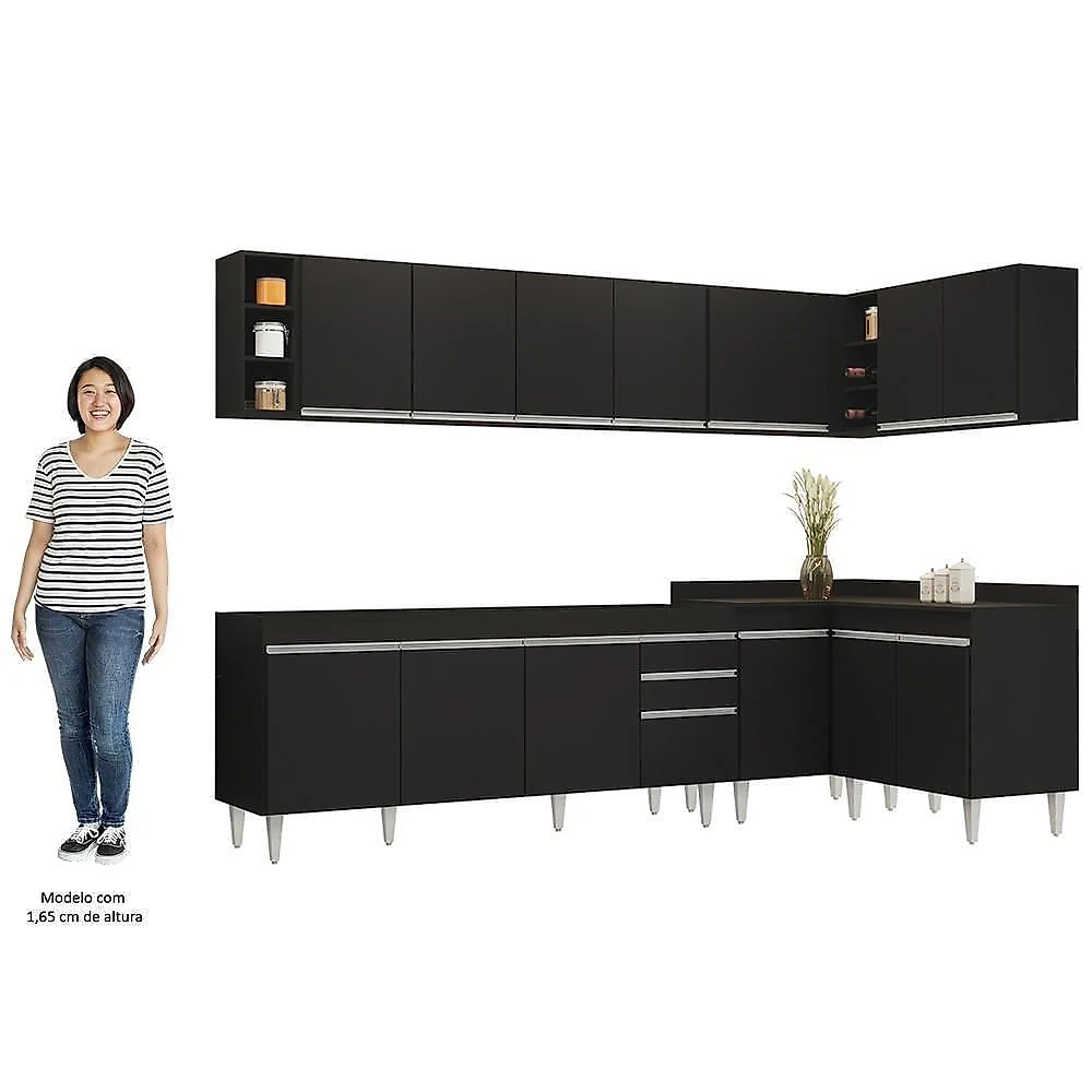 Armário De Cozinha Modulado De Canto 7 Peças Cp34 Balcão Sem Tampo Preto - Lumil
