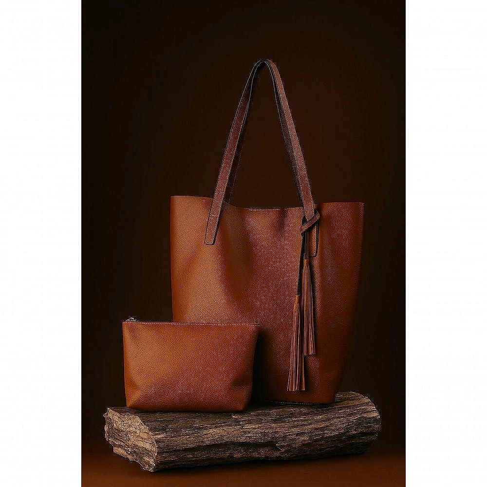Kit Bolsa Boho Sacola E Necesseire Topgrife Couro Cor Caramelo Tamanho único
