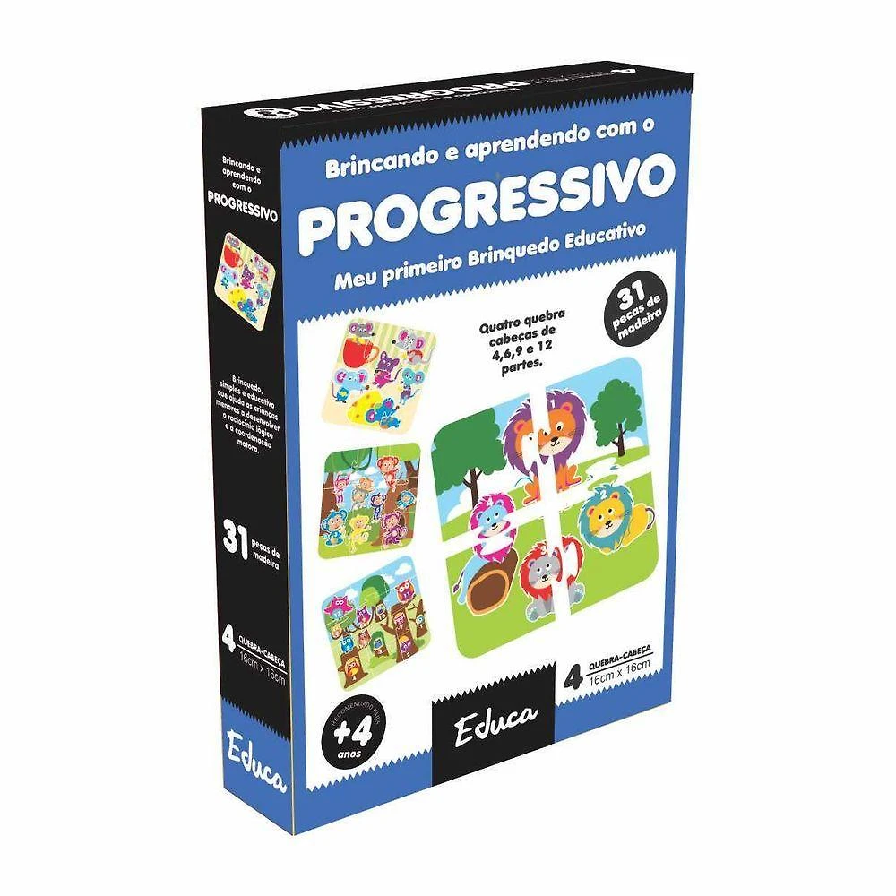 Quebra-Cabeça Educativo Q.c Progressivo com Níveis de Dificuldade 4 a 12 Peças em Madeira Kit 31