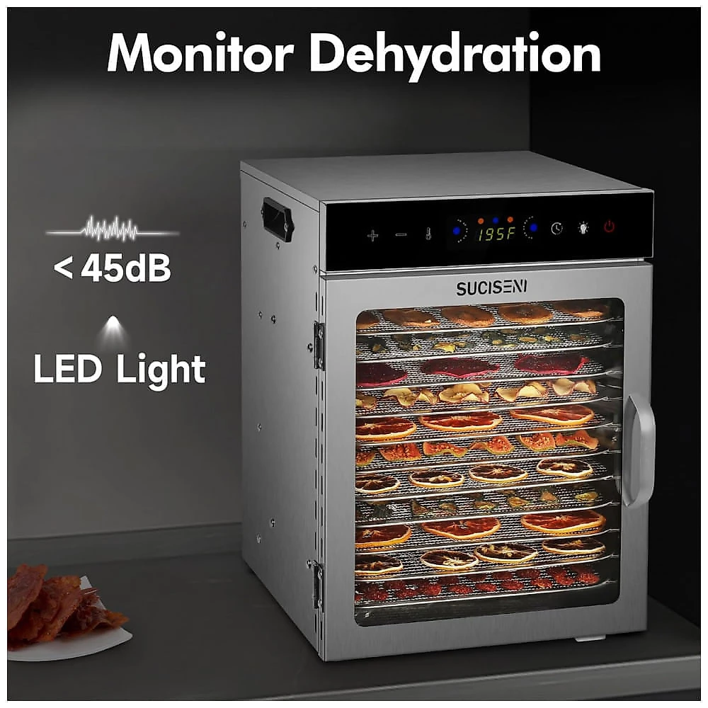 Desidratador de Alimentos SUCISENI com 12 Bandejas de Aço Inoxidável, 1000W, Timer de 24 Horas e Controle de Temperatura 195°C, Ideal para Jerky