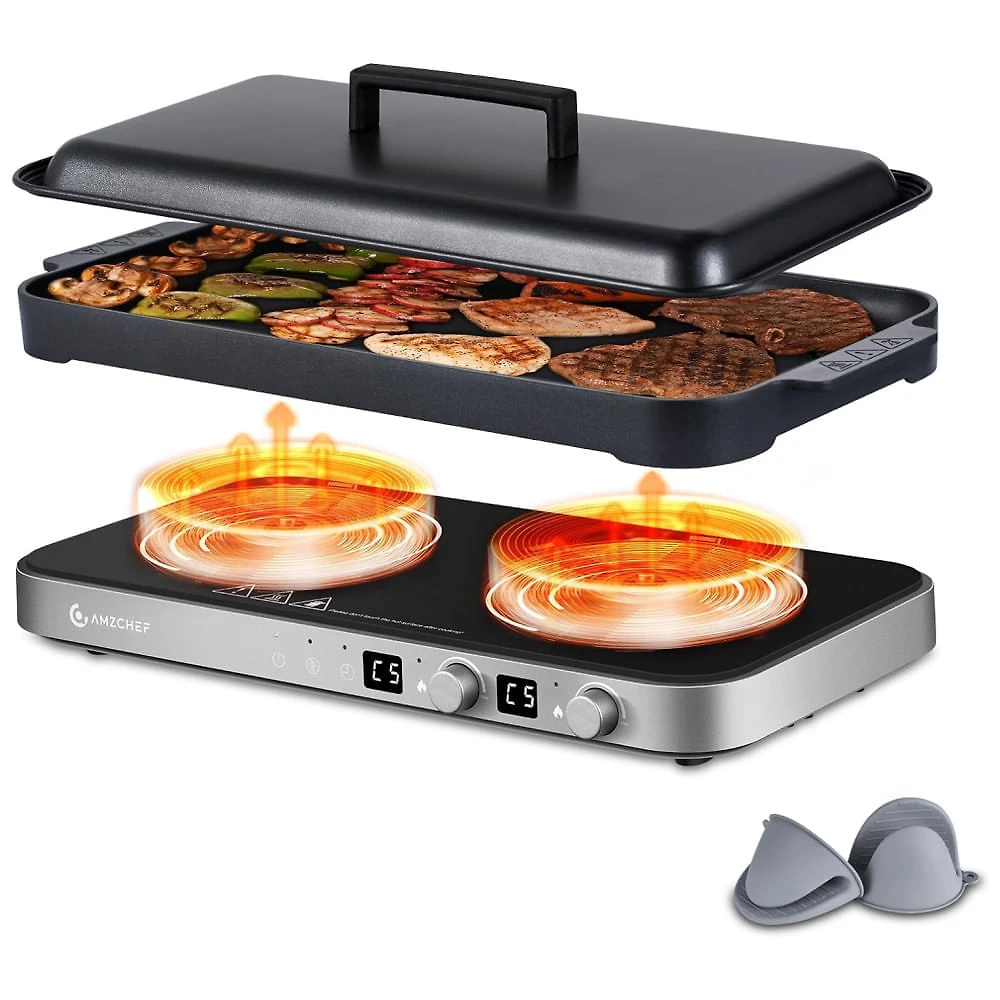 Cooktop Eltrico de Induo Porttil com Queimador Duplo, Frigideira de Ferro Fundido Removvel Antiaderente, Sensor de Toque, 9 Nveis de Potncia e
