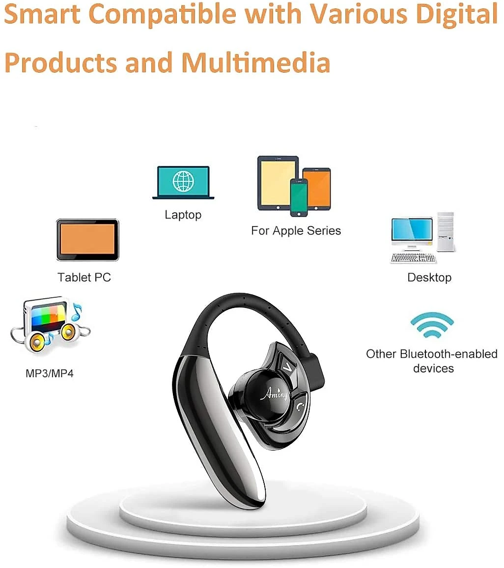 AMINY Fone de ouvido sem Fio Headset V52 Bluetooth para Chamadas com Microfone Preto