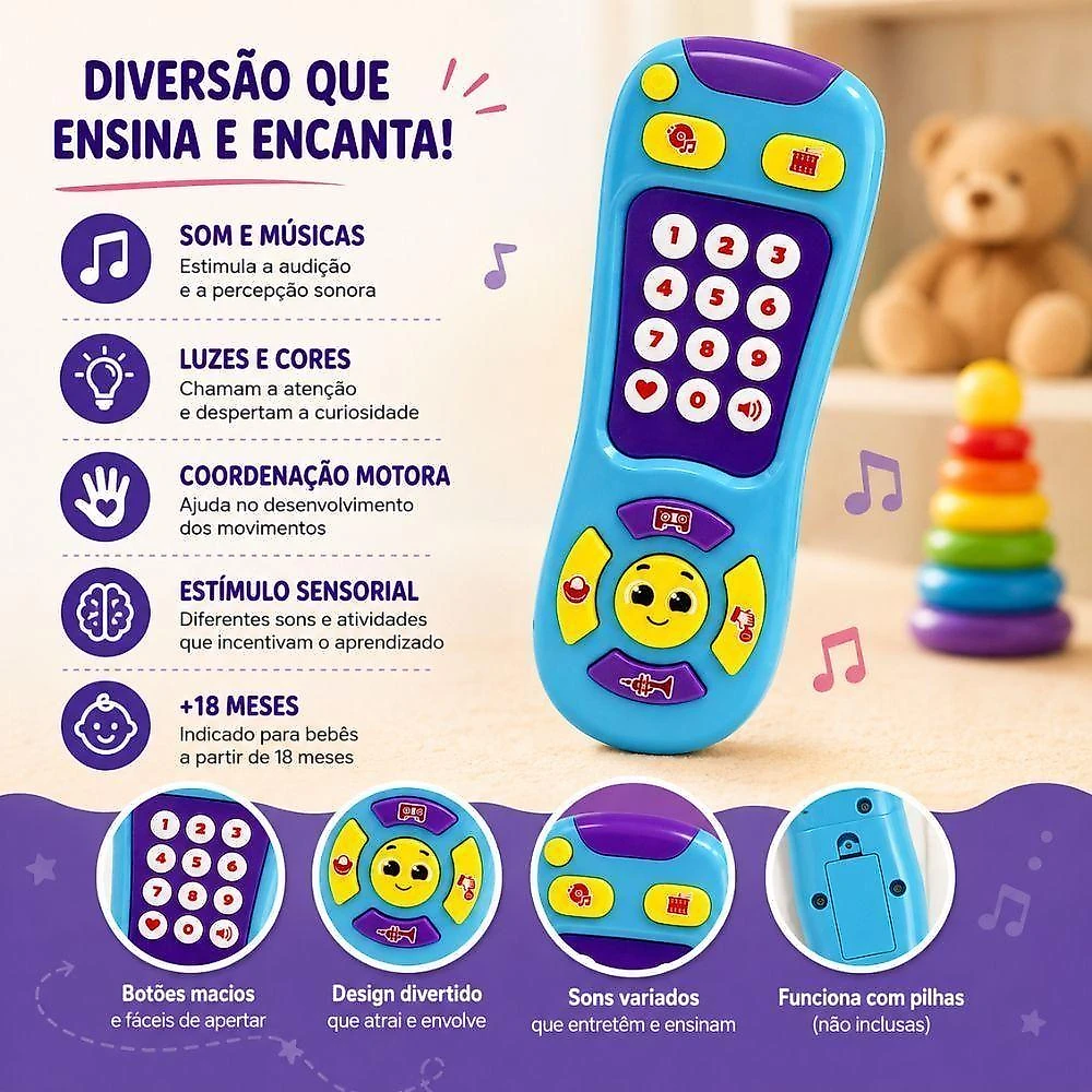 Controle Remoto Musical Infantil Bolofofos com Som e Luz Amarelo Yeet