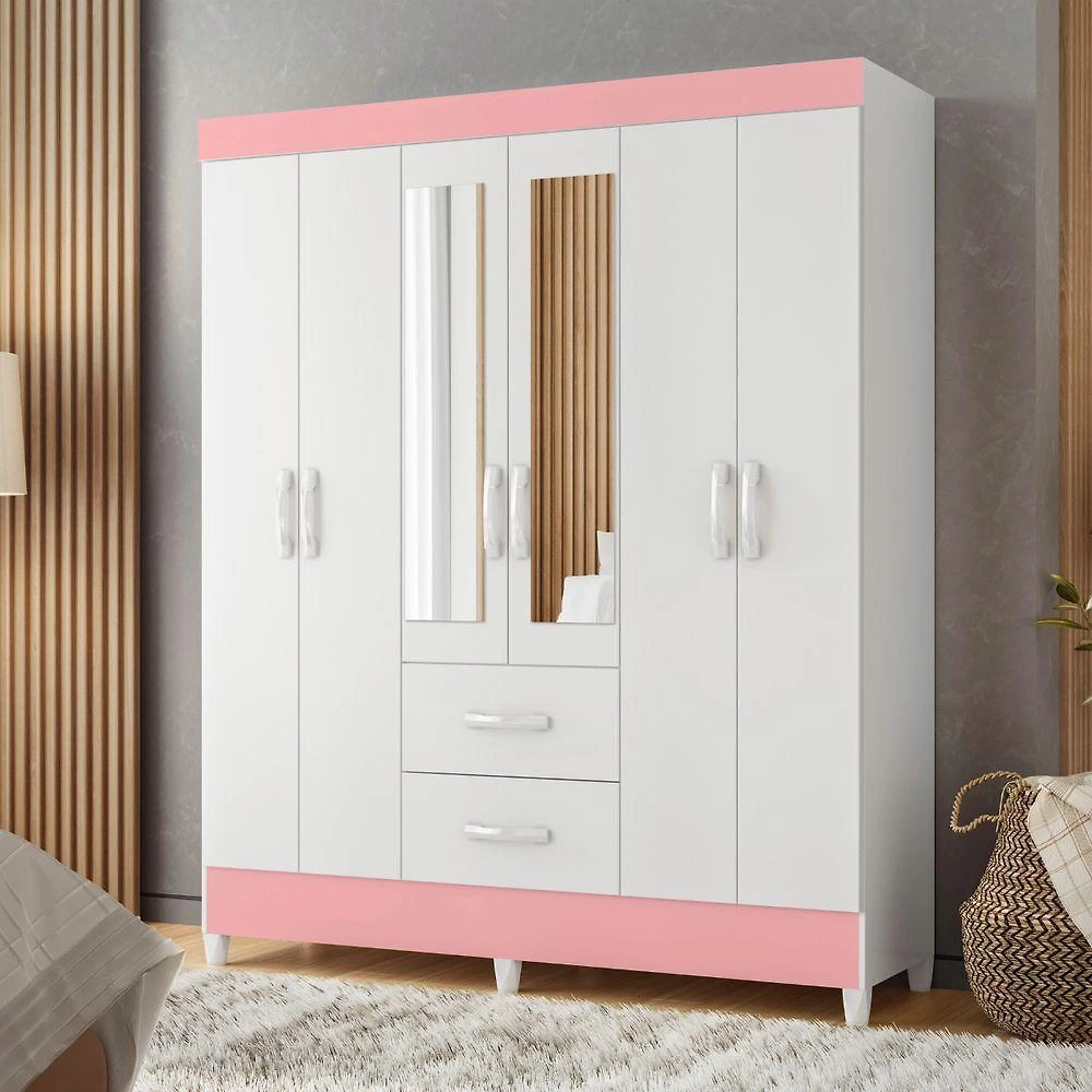 Guarda Roupa Casal Caio 6 Portas de Bater 2 Gavetas MDP com Espelho Branco Rosa Albatroz Móveis