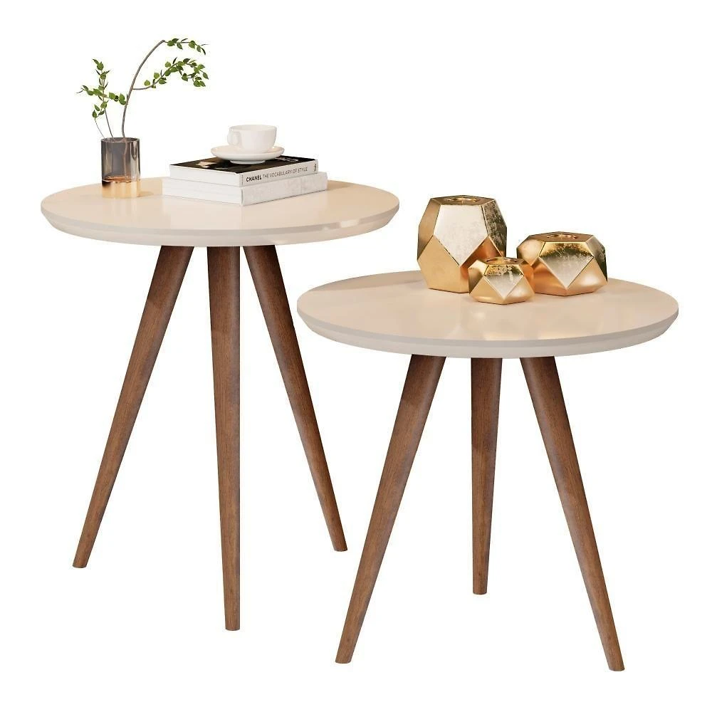 Kit Mesa de Apoio e Lateral Cadiz Redondo MDF 45CM Off White Casah