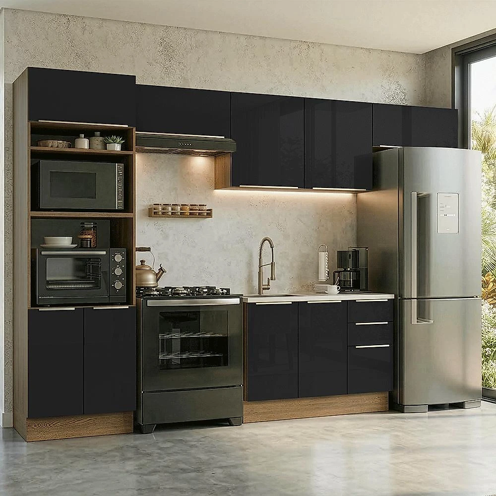 Armário de cozinha completa 350 x 60 cm rustic/preto lux madesa 02