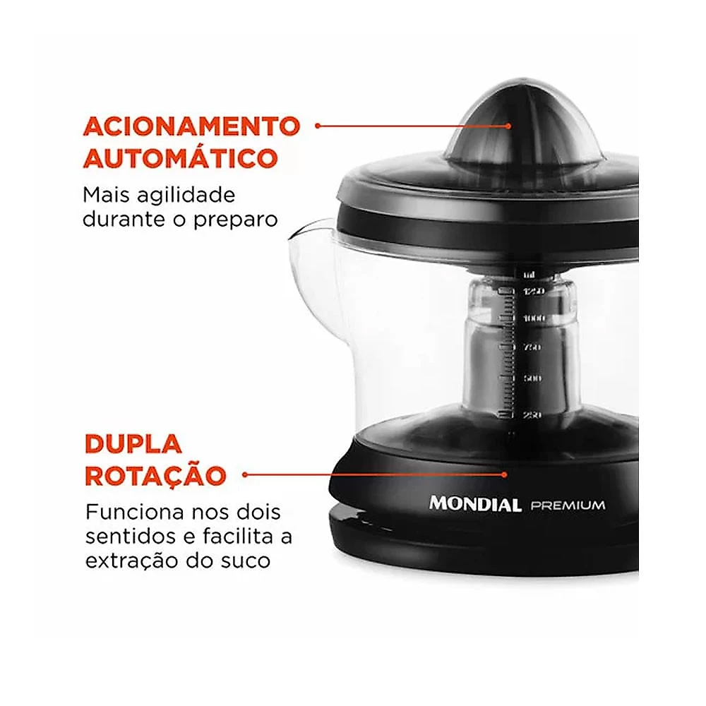 Espremedor de Frutas E-02 Premium 30 W Motor Reversível Mondial Preto - 110V