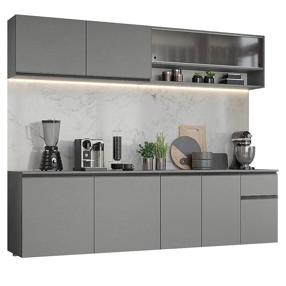 Armário De Cozinha Completa Suspenso 240Cm Cinza