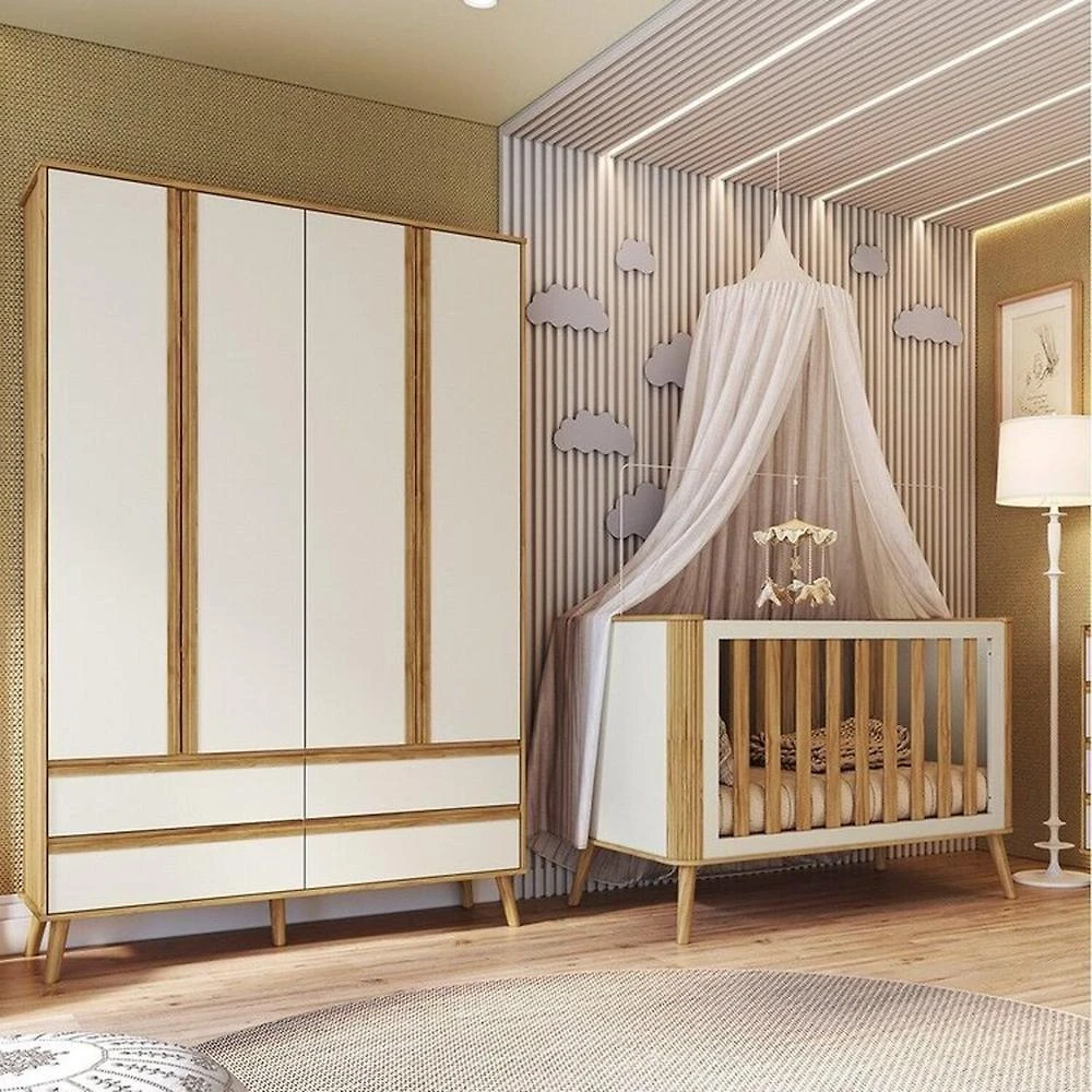 Quarto de Bebê Berço Arredondado 3 em 1 e Guarda-roupa 4 Portas 100% Mdf Luly Espresso Móveis