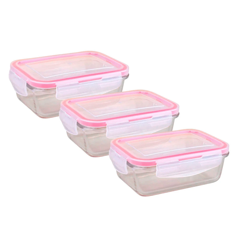 Kit 3 Potes Retangulares de Vidro 570ml com Tampa Hermética Cazza