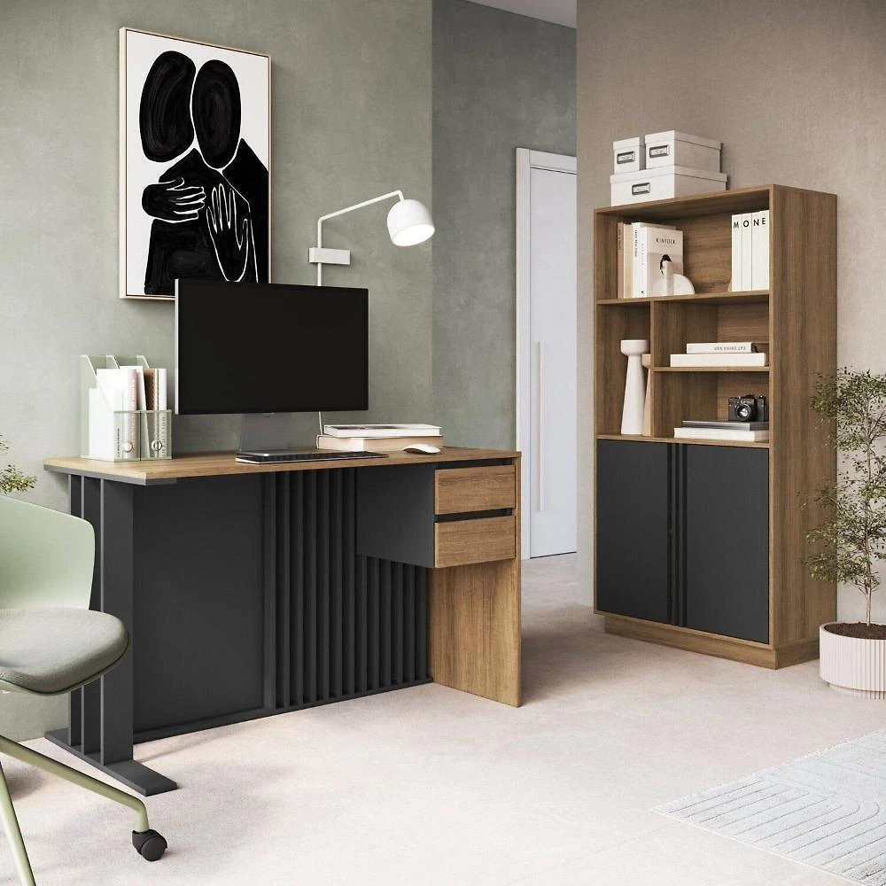 Conjunto de Escritório com 2 Peças Mesa com Gavetas e Armário com Nichos Cj8001