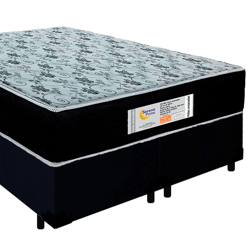 Cama Box Queen Bipartido Suede + Colchão Molas Ensacadas Sereneprime Sonnolux 158x198x65 Preto