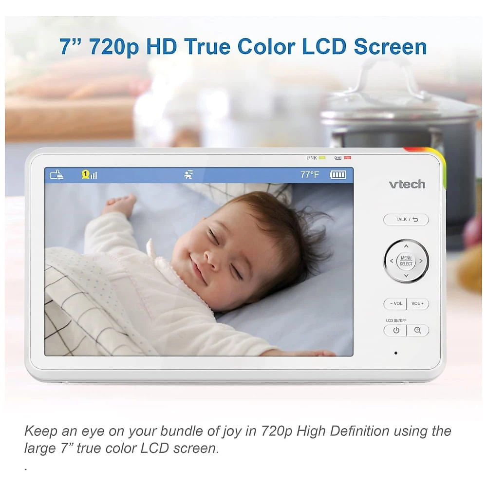 Babá Eletrônica com Monitor com Wi-Fi, 2 Câmeras 1080p, Visão 360°,Luz Noturna e Acesso Remoto,VTECH RM7766-2HD,Branco 110v
